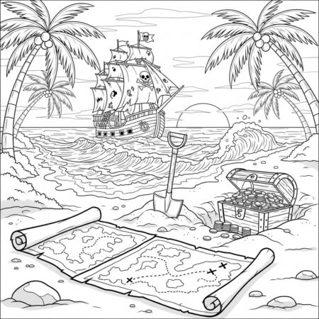 Cenario de Aventura na Praia (Desenho para Colorir)