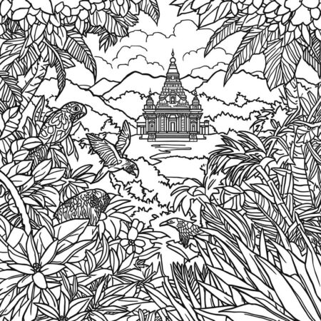 Cenario de Aventura na Selva (Desenho para Colorir)