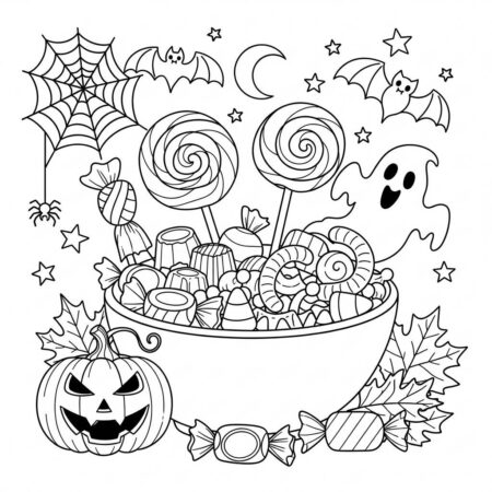 Cenario de Doces de Halloween (Desenho para Colorir)