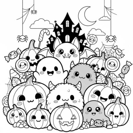 Cenario de Halloween Kawaii (Desenho para Colorir)