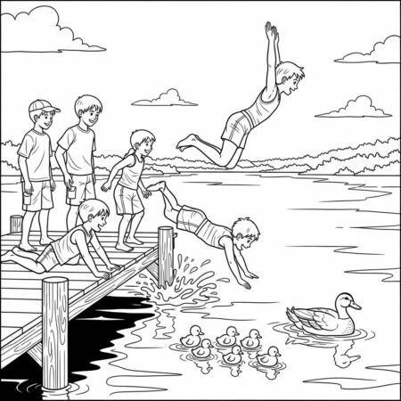 Cenario de Natacao no Lago (Desenho para Colorir)