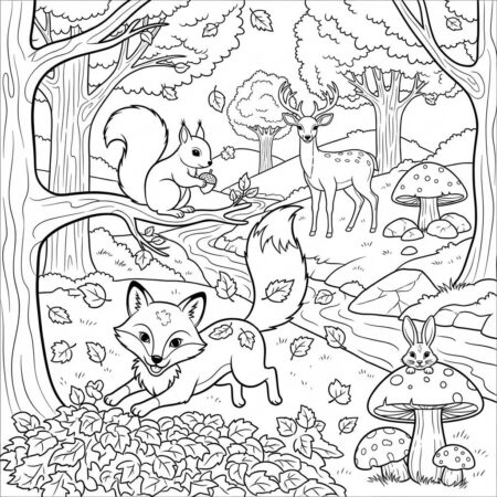 Cenario de Outono com Animais (Desenho para Colorir)