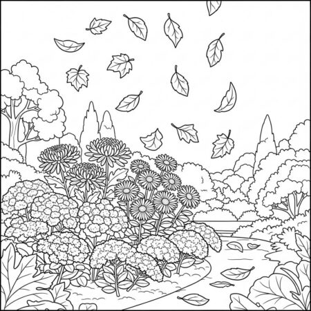 Cenario de Outono com Flores (Desenho para Colorir)