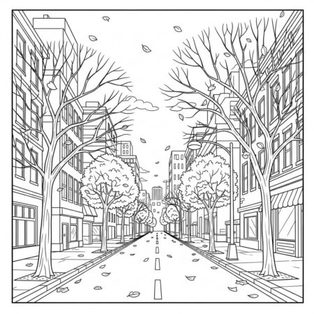 Cenario de Outono na Cidade (Desenho para Colorir)