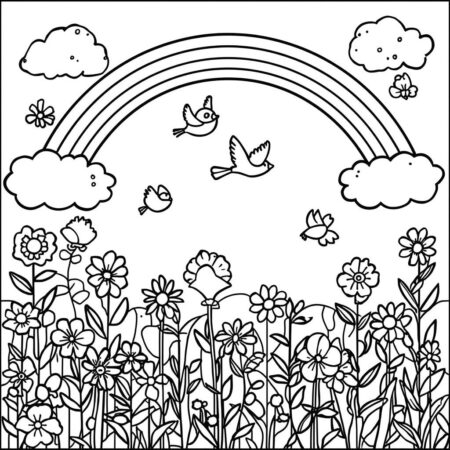 Cenario de Primavera Alegre (Desenho para Colorir)