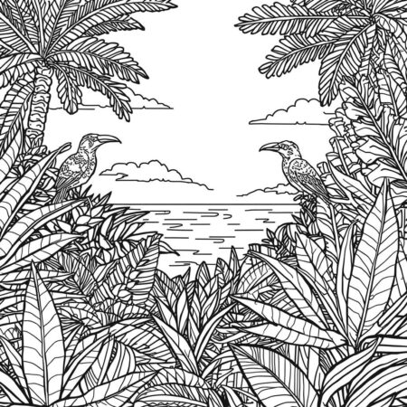 Cenario de Verao Tropical (Desenho para Colorir)
