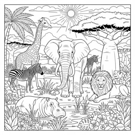 Cenario de Verao com Animais Selvagens (Desenho para Colorir)