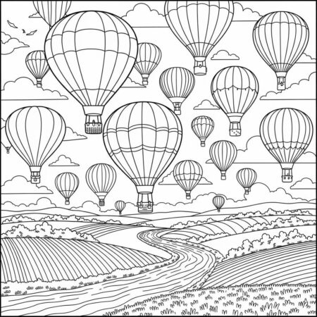 Cenario de Verao com Baloes de Ar Quente (Desenho para Colorir)