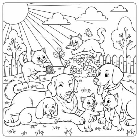 Cenario de Verao com Bichos de Estimacao (Desenho para Colorir)