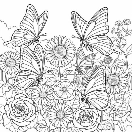 Cenario de Verao com Borboletas Coloridas (Desenho para Colorir)