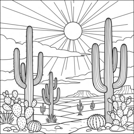 Cenario de Verao com Cactos (Desenho para Colorir)