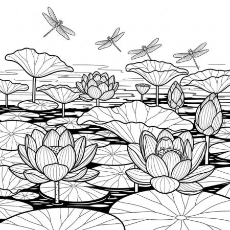 Cenario de Verao com Flores de Lotus (Desenho para Colorir)