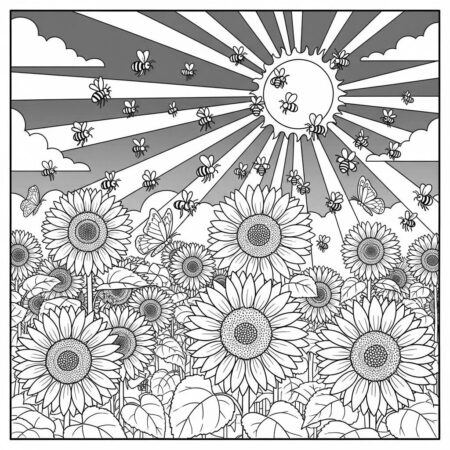 Cenario de Verao com Girassois (Desenho para Colorir)