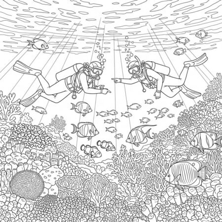 Cenario de Verao com Mergulhadores (Desenho para Colorir)