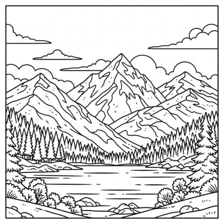 Cenario de Verao com Montanhas (Desenho para Colorir)