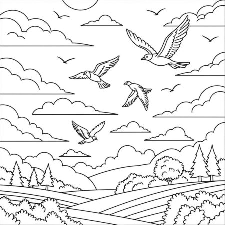 Cenario de Verao com Passaros em Voo (Desenho para Colorir)