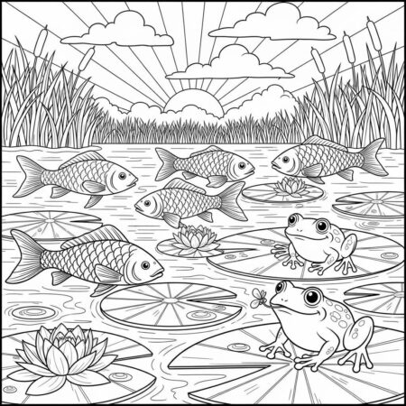 Cenario de Verao com Peixes em um Lago (Desenho para Colorir)