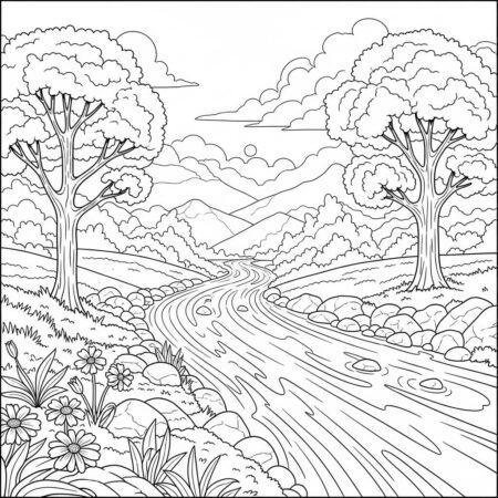 Cenario de Verao com Rios (Desenho para Colorir)