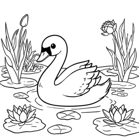 Cisne Kawaii na Lagoa (Desenho para Colorir)