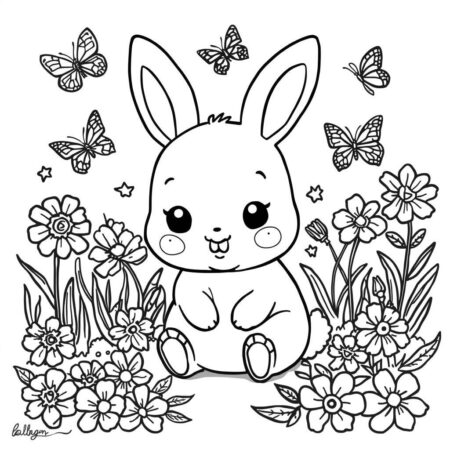 Coelho Kawaii na Primavera (Desenho para Colorir)