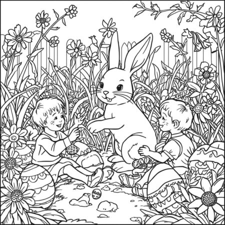 Coelho da Pascoa com Criancas (Desenho para Colorir)