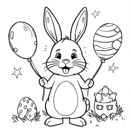 Coelho da Pascoa e Baloes (Desenho para Colorir)