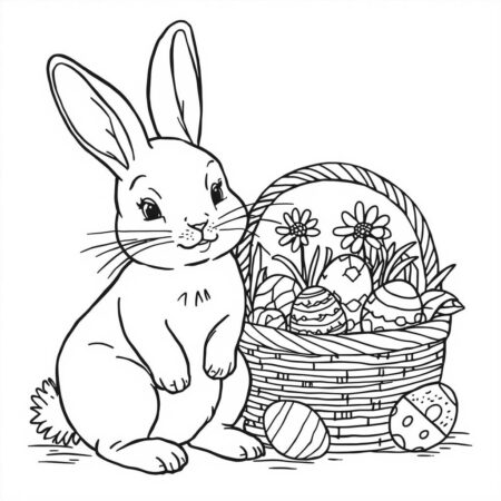 Coelho da Pascoa e Cesta (Desenho para Colorir)