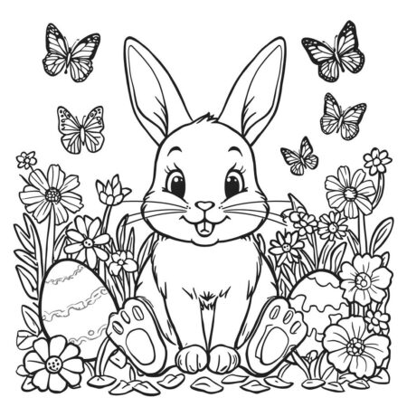 Coelho da Pascoa e Flores (Desenho para Colorir)