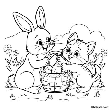 Coelho da Pascoa e Gato (Desenho para Colorir)