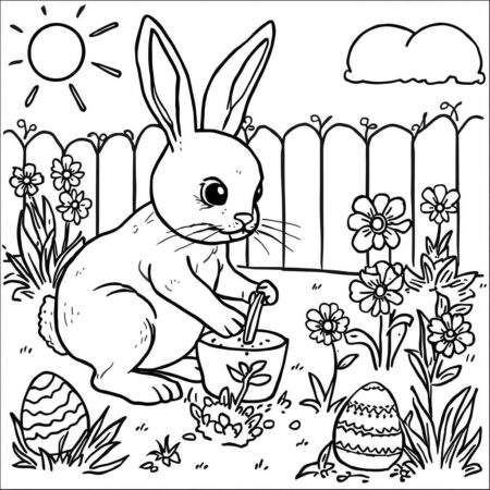 Coelho da Pascoa e Jardim (Desenho para Colorir)
