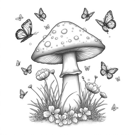 Cogumelo e Borboletas (Desenho para Colorir)