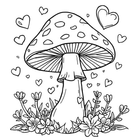 Cogumelo e Coracoes (Desenho para Colorir)
