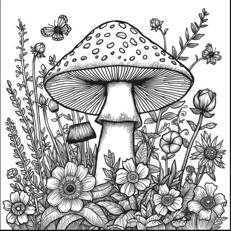 Cogumelo e Flores (Desenho para Colorir)