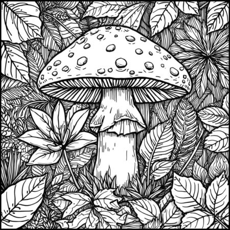Cogumelo e Folhagens (Desenho para Colorir)