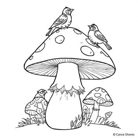 Cogumelo e Passaros (Desenho para Colorir)