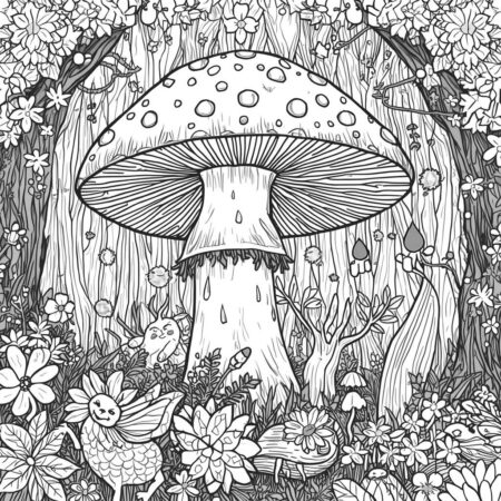 Cogumelo em Floresta Encantada (Desenho para Colorir)