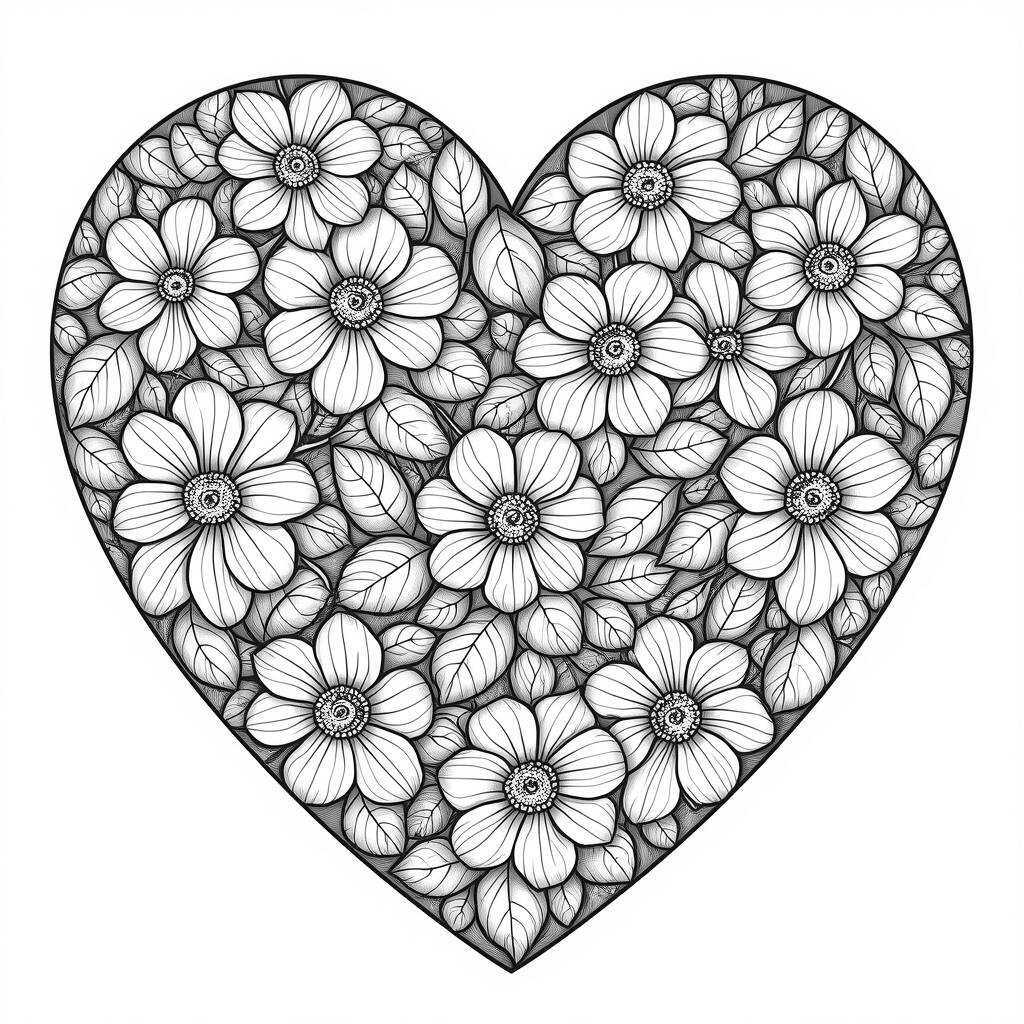 Coracao Realista Floral (Desenho para Colorir)