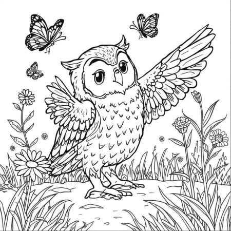 Coruja Brincando com Borboletas (Desenho para Colorir)