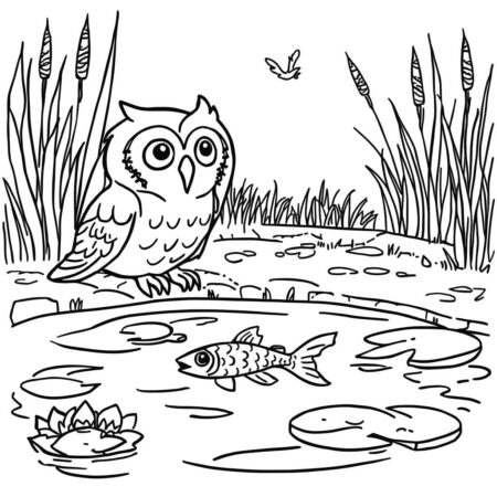 Coruja Fofa com Peixes (Desenho para Colorir)