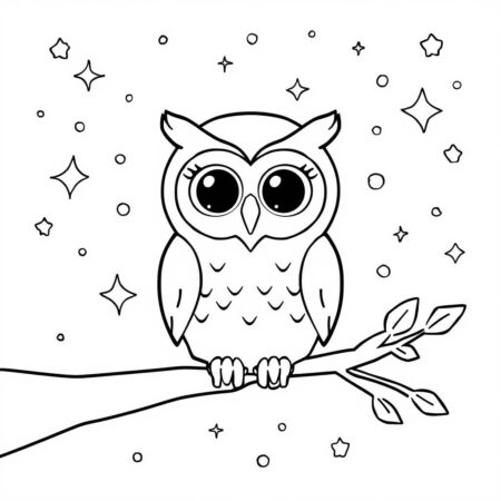 Coruja Kawaii na Noite (Desenho para Colorir)