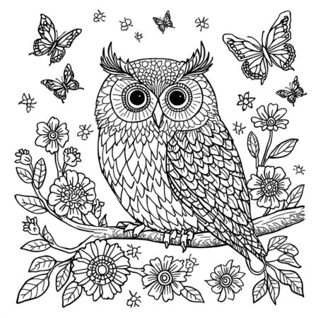 Coruja com Flores (Desenho para Colorir)