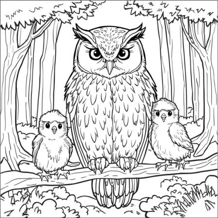 Coruja e Seus Filhotes (Desenho para Colorir)