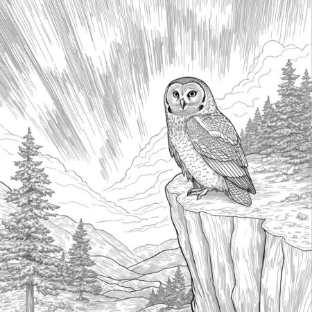 Coruja e a Aurora Boreal (Desenho para Colorir)