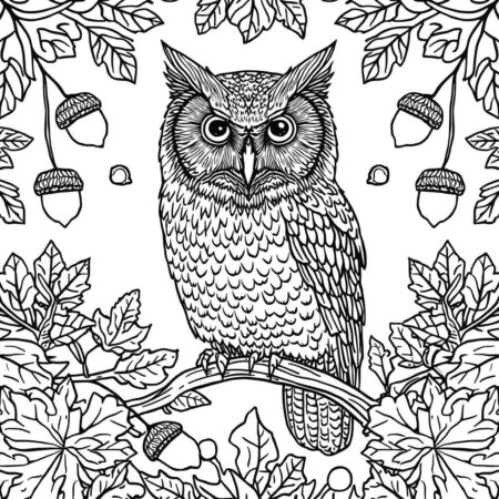 Coruja na Estacao de Outono (Desenho para Colorir)