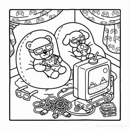 Cozy Friends jogando videogame (Desenho para Colorir)