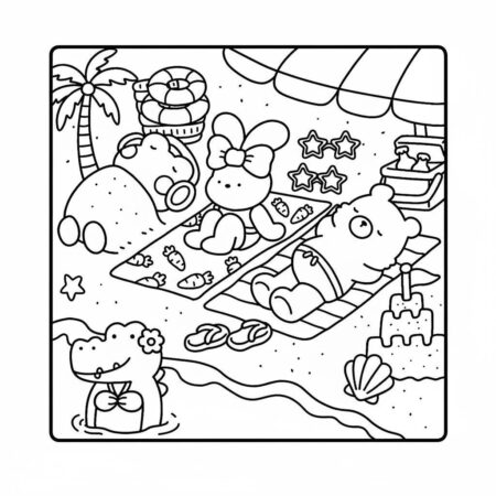 Cozy Friends na Praia (Desenho para Colorir)
