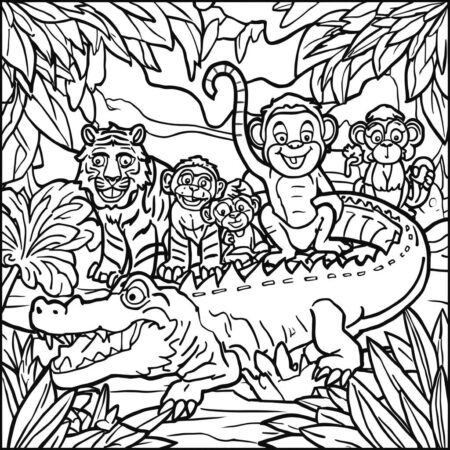 Crocodilo com Animais (Desenho para Colorir)