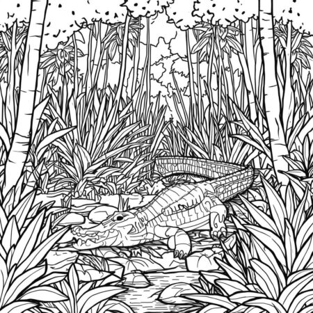 Crocodilo e Floresta (Desenho para Colorir)
