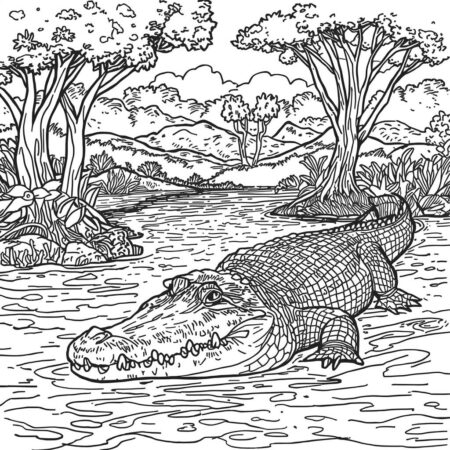 Crocodilo e Natureza (Desenho para Colorir)