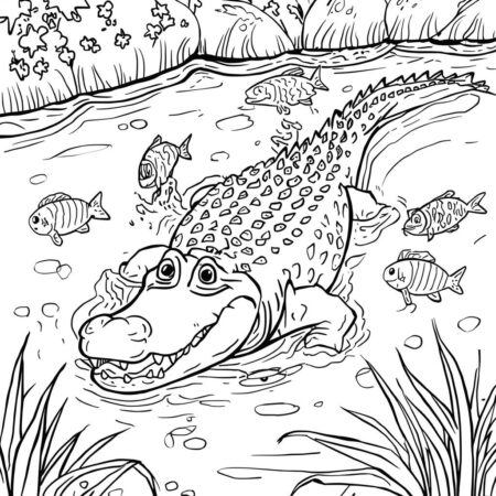 Crocodilo e Peixes (Desenho para Colorir)